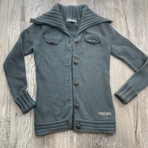 Volcom S Sweater Cardigan Button Up Y2k Vintage Collar Teal Womens size Small